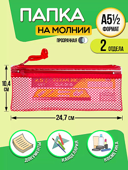 Папка для канцелярии / Кейс защитный на молнии 24,5х10,4х0,5 см, красный, PT-002591-R