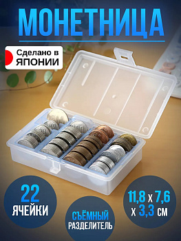 IZUMI / Органайзер монетница с крышкой и съемным лотком прозрачный 11,8*7,6*3,3 см синий, 5569