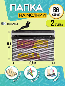 Папка для канцелярии В6 / Кейс защитный на молнии 19,7х14,8х0,5 см, черный, PT-002577-BK