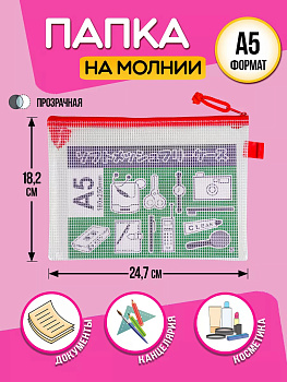 Папка для канцелярии А5 / Кейс защитный на молнии 24,7х18,2х0,5 см, красный, PT-002010-R